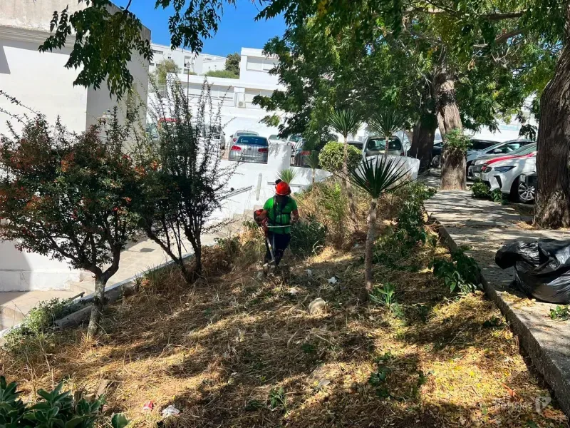 Los Servicios Municipales desbrozan los jardines junto a calle Limón y calle Naranjos