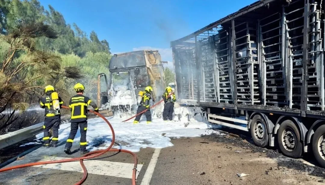 Arde un camión tras una colisión con un turismo en la carretera entre Chiclana y Medina